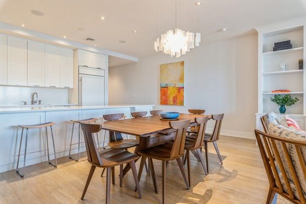 Chandelier, Dining room, Interior, Recessed Lighting, Wood Texture Flooring