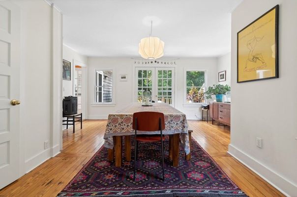 Dining room, Interior, Pendant Lights, Wood Texture Flooring