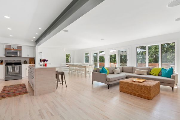 Dining room, Interior, Kitchen, Living room, Recessed Lighting, Stainless Steel Appliances, Wood Texture Flooring