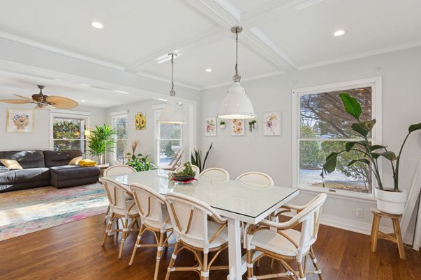 Dining room, Interior, Living room, Pendant Lights, Recessed Lighting, Wood Texture Flooring