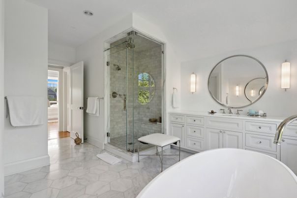 Bathroom, Dual Sink Vanities, Free Standing Baths, Glass Shower, Interior, Marble, Recessed Lighting