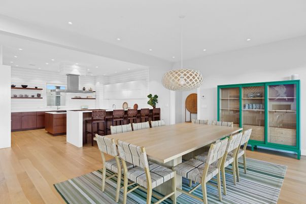 Dining room, Interior, Kitchen, Pendant Lights, Recessed Lighting, Wood Texture Flooring