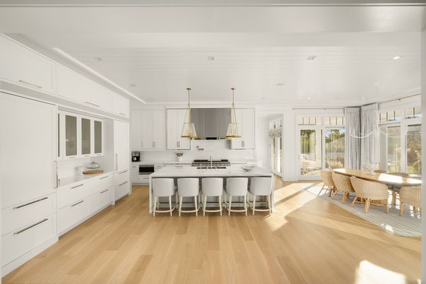 Dining room, Interior, Kitchen, Pendant Lights, Recessed Lighting, Wood Texture Flooring