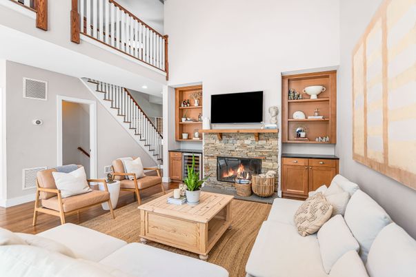 Fireplace, Interior, Living room, Recessed Lighting, Wood Texture Flooring