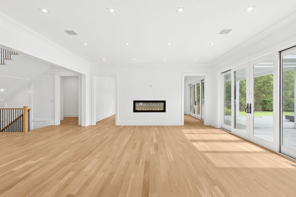 Empty room, Fireplace, Interior, Recessed Lighting, Wood Texture Flooring