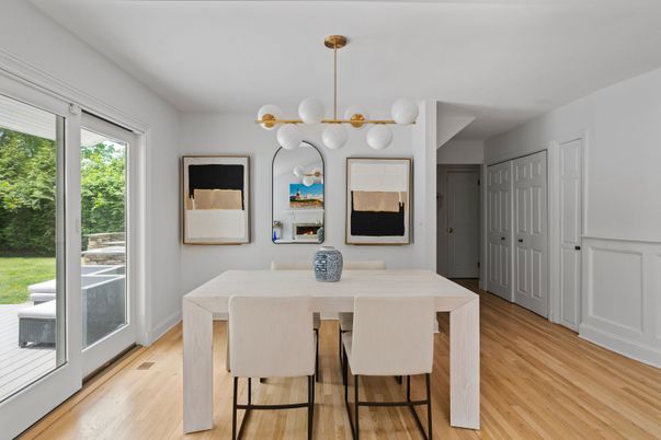Dining room, Interior, Pendant Lights, Wood Texture Flooring