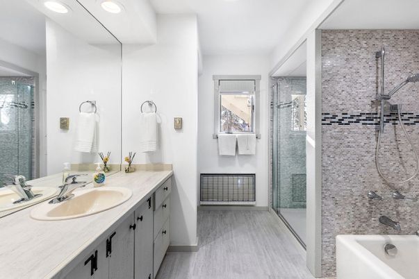 Bathroom, Dual Sink Vanities, Glass Shower, Interior, Recessed Lighting