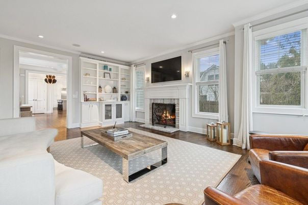 Fireplace, Interior, Living room, Recessed Lighting, Wood Texture Flooring