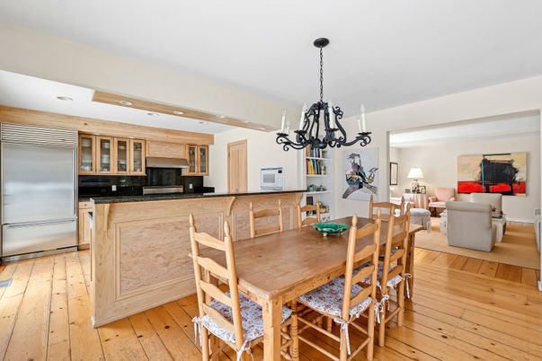 Chandelier, Dining room, Interior, Kitchen, Living room, Recessed Lighting, Stainless Steel Appliances, Wood Texture Flooring