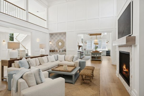 Fireplace, Interior, Kitchen, Living room, Pendant Lights, Wood Texture Flooring