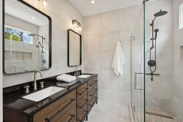 Bathroom, Dual Sink Vanities, Glass Shower, Interior, Recessed Lighting
