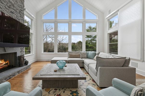Fireplace, Interior, Living room, Sun Room, Wood Texture Flooring