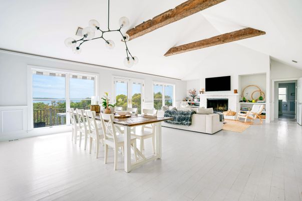 Dining room, Fireplace, Interior, Living room, Pendant Lights, Wooden Beams, Wood Texture Flooring