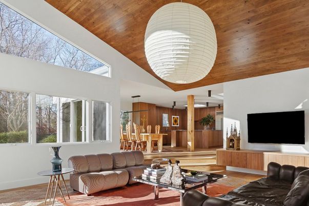 Dining room, Interior, Living room, Pendant Lights, Wooden Ceilings, Wood Texture Flooring, Wooden Walls