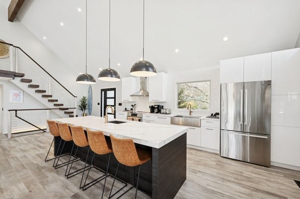 Interior, Kitchen, Pendant Lights, Recessed Lighting, Stainless Steel Appliances, Wood Texture Flooring