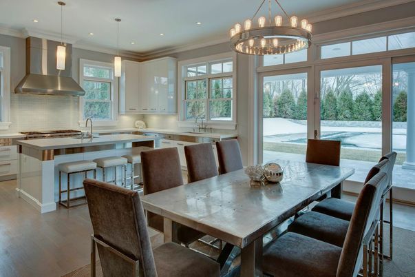 Chandelier, Dining room, Interior, Kitchen, Pendant Lights, Recessed Lighting, Stainless Steel Appliances, Wood Texture Flooring