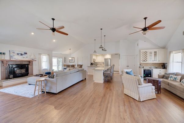 Fireplace, Interior, Kitchen, Living room, Pendant Lights, Recessed Lighting, Wood Texture Flooring