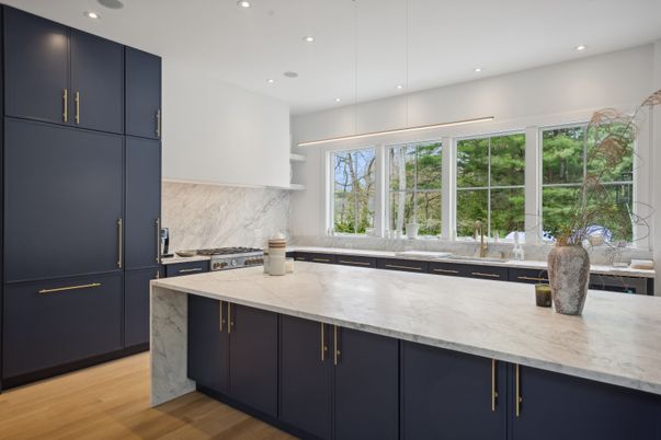 Interior, Kitchen, Marble Walls, Pendant Lights, Recessed Lighting, Wood Texture Flooring