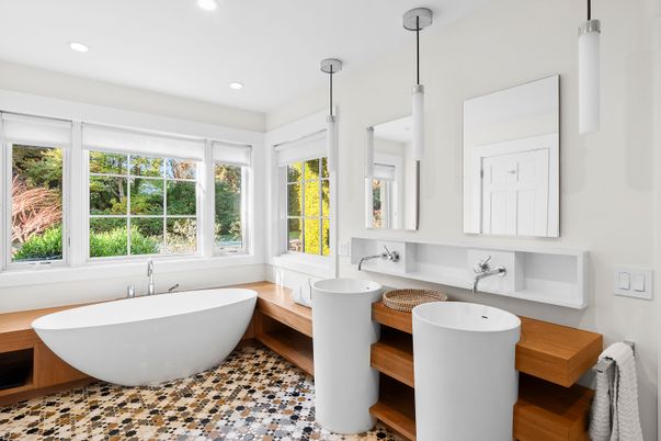 Bathroom, Dual Sink Vanities, Free Standing Baths, Interior, Pendant Lights, Recessed Lighting