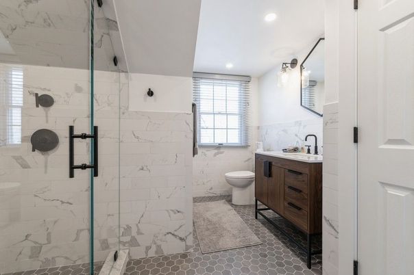 Bathroom, Glass Shower, Interior, Marble Walls, Recessed Lighting