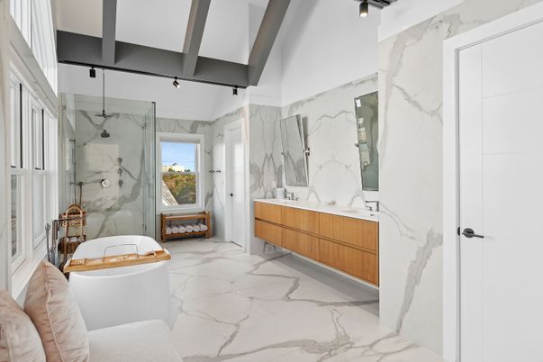 Bathroom, Free Standing Baths, Glass Shower, Interior, Marble, Marble Walls