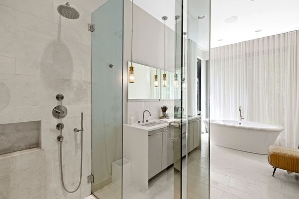 Bathroom, Dual Sink Vanities, Free Standing Baths, Glass Shower, Interior, Pendant Lights, Recessed Lighting