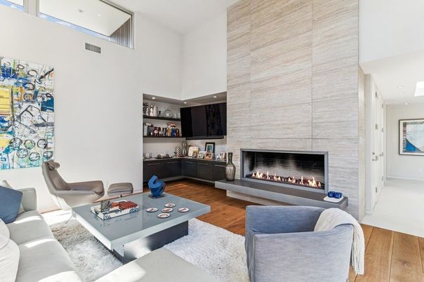 Fireplace, Interior, Living room, Recessed Lighting, Stone Walls, Wood Texture Flooring