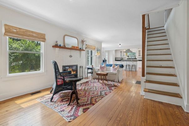 Dining room, Fireplace, Interior, Living room, Pendant Lights, Wood Texture Flooring