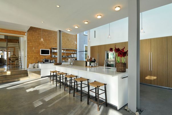 Interior, Kitchen, Pendant Lights, Recessed Lighting, Stainless Steel Appliances, Stone Walls