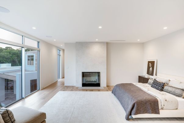Bedroom, Fireplace, Interior, Recessed Lighting, Wood Texture Flooring