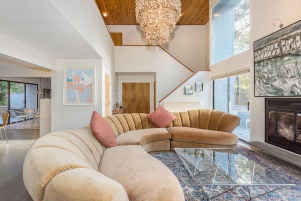 Chandelier, Fireplace, Interior, Living room, Recessed Lighting, Wooden Ceilings, Wood Texture Flooring