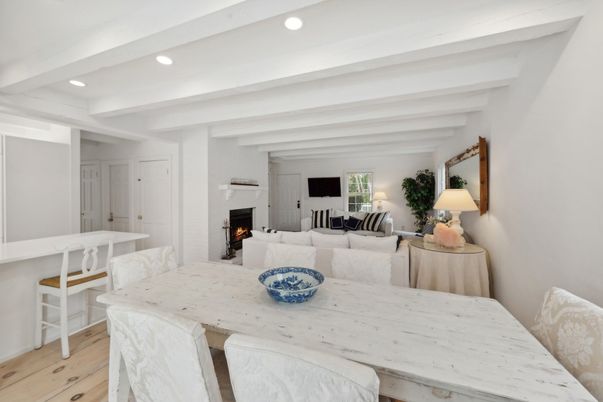 Dining room, Fireplace, Interior, Living room, Recessed Lighting, Wood Texture Flooring