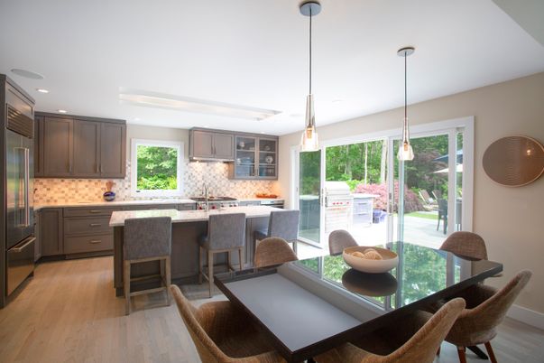 Dining room, Interior, Kitchen, Pendant Lights, Recessed Lighting, Stainless Steel Appliances, Wood Texture Flooring