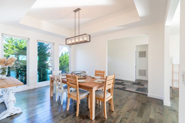Dining room, Interior, Pendant Lights, Wood Texture Flooring
