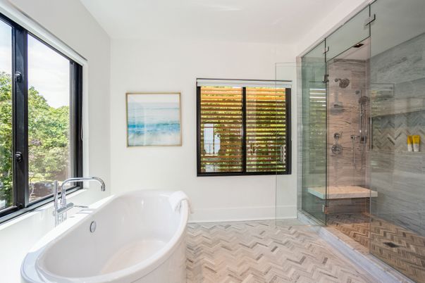 Bathroom, Free Standing Baths, Glass Shower, Interior, Wood Texture Flooring