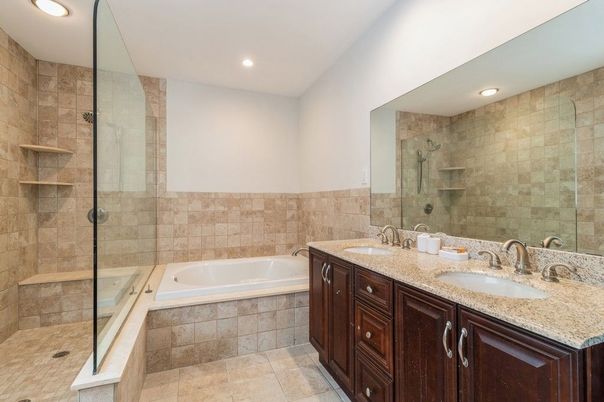 Bathroom, Dual Sink Vanities, Glass Shower, Interior, Recessed Lighting