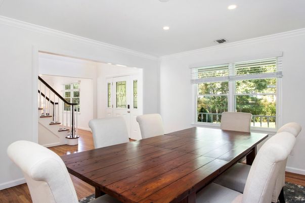 Dining room, Interior, Recessed Lighting, Wood Texture Flooring