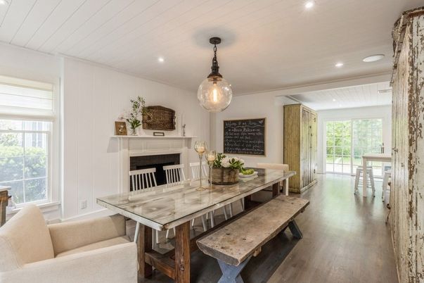 Dining room, Fireplace, Interior, Pendant Lights, Recessed Lighting, Wood Texture Flooring