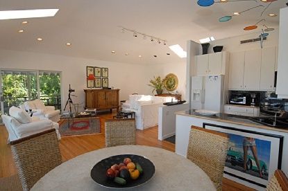 Dining room, Interior, Kitchen, Living room, Recessed Lighting, Wood Texture Flooring