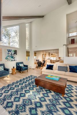Interior, Living room, Pendant Lights, Wooden Beams, Wood Texture Flooring