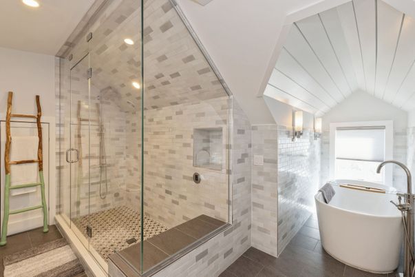 Bathroom, Free Standing Baths, Glass Shower, Interior, Recessed Lighting