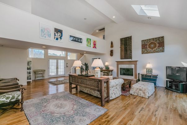 Fireplace, Interior, Living room, Recessed Lighting, Wood Texture Flooring