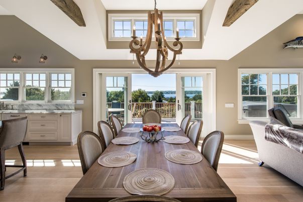 Chandelier, Dining room, Interior, Wooden Beams, Wood Texture Flooring