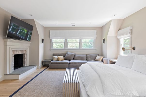 Bedroom, Fireplace, Interior, Recessed Lighting, Wood Texture Flooring