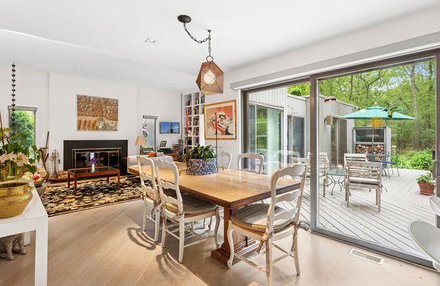Dining room, Fireplace, Interior, Pendant Lights, Recessed Lighting, Wood Texture Flooring