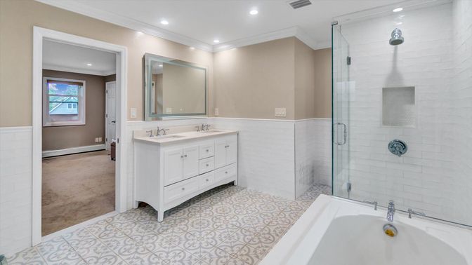 Bathroom, Dual Sink Vanities, Glass Shower, Interior, Recessed Lighting