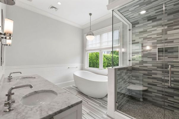 Bathroom, Dual Sink Vanities, Free Standing Baths, Glass Shower, Interior, Pendant Lights, Recessed Lighting
