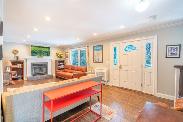 Fireplace, Interior, Living room, Recessed Lighting, Wood Texture Flooring
