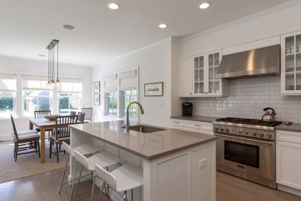 Dining room, Interior, Kitchen, Pendant Lights, Recessed Lighting, Stainless Steel Appliances, Wood Texture Flooring