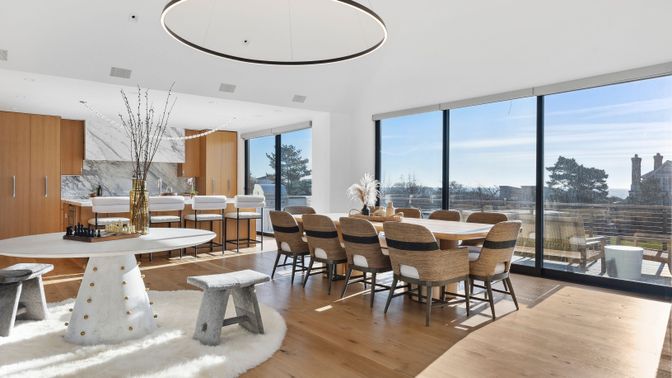 Dining room, Interior, Pendant Lights, Recessed Lighting, Wood Texture Flooring